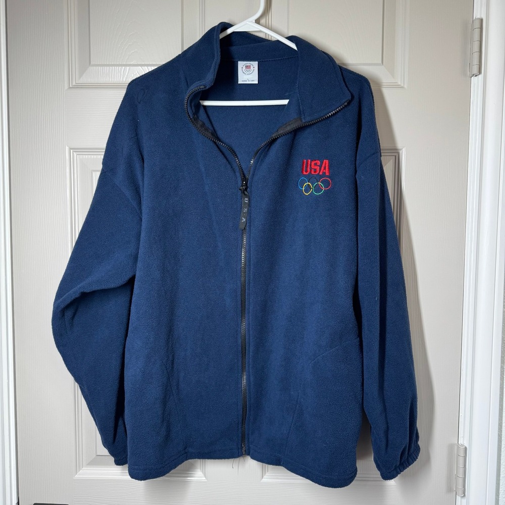 Vintage USA Olympic Committee Fleece Jacket Navy Blue Full Zip Womens Large USA